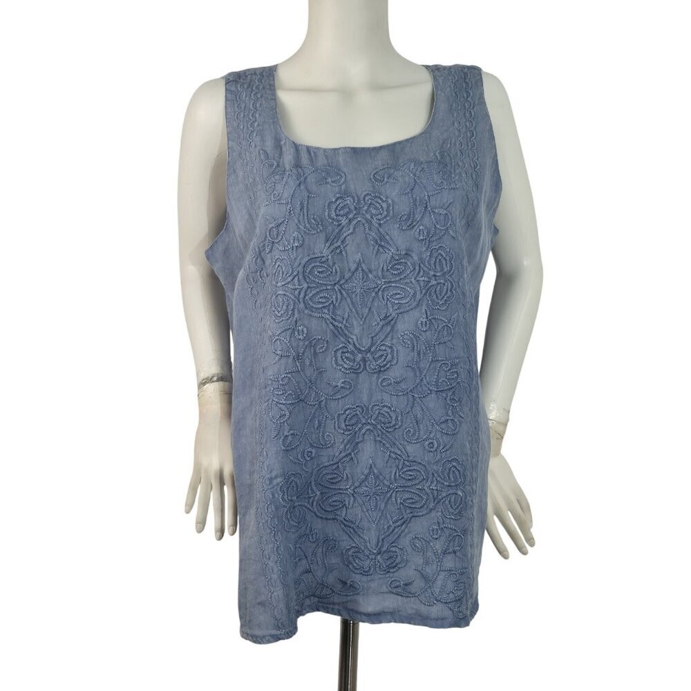 Karyn Seo Women's Chloe Size M Top Linen Sleeveless Embroidered Floral Blue (40)